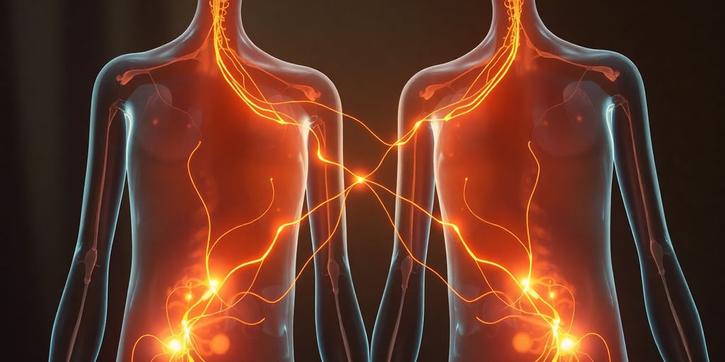 Two abstract figures connected by glowing threads.
