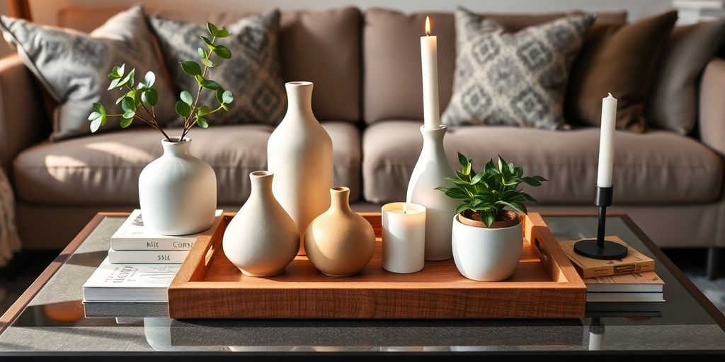 Modern coffee table with varied textures and decorative elements.