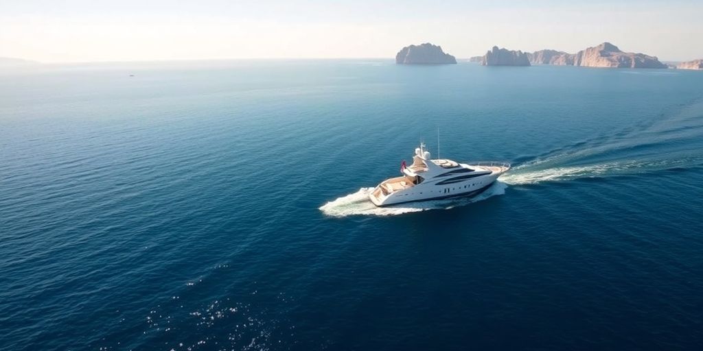 Luxury yacht cruising calm blue water near Cabo San Lucas.