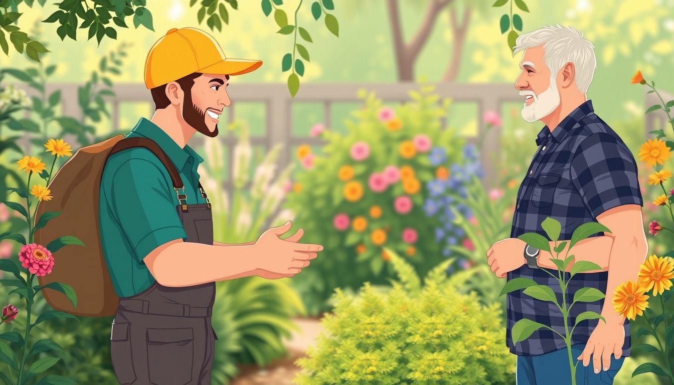 Garden labourer with customer in lush garden