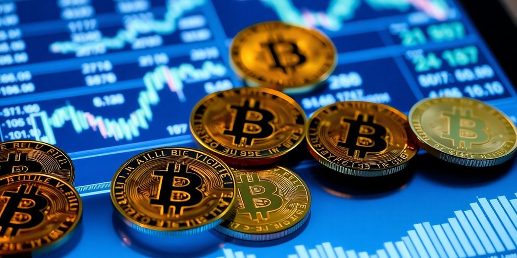 Bitcoin coins on a digital device screen.