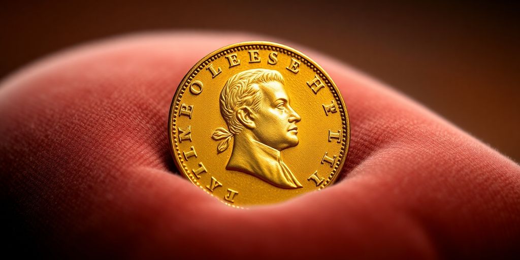 Monnaie en or de Napoléon sur un coussin.
