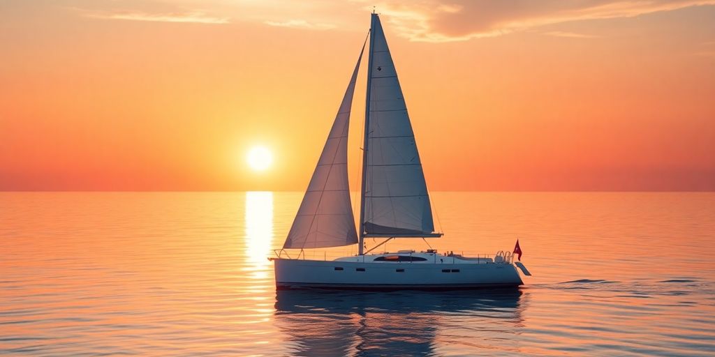 Sailboat on calm water at sunset.