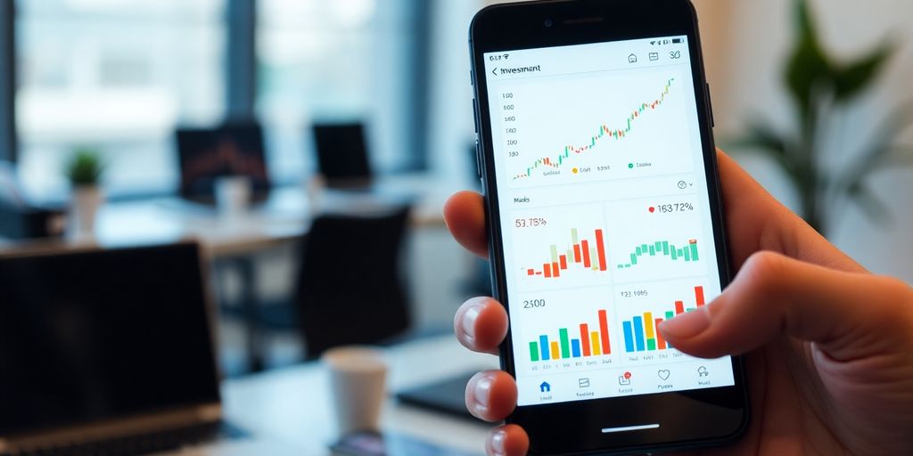 Hand holding smartphone with investment icons and charts.