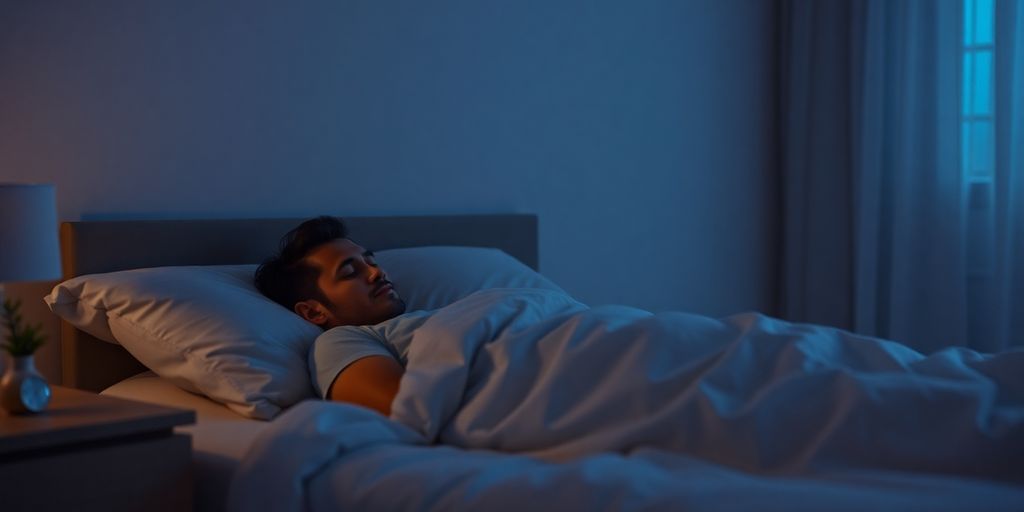 Man sleeping peacefully, snoring stopped.