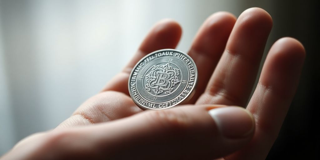 Main tenant une pièce d'argent brillante