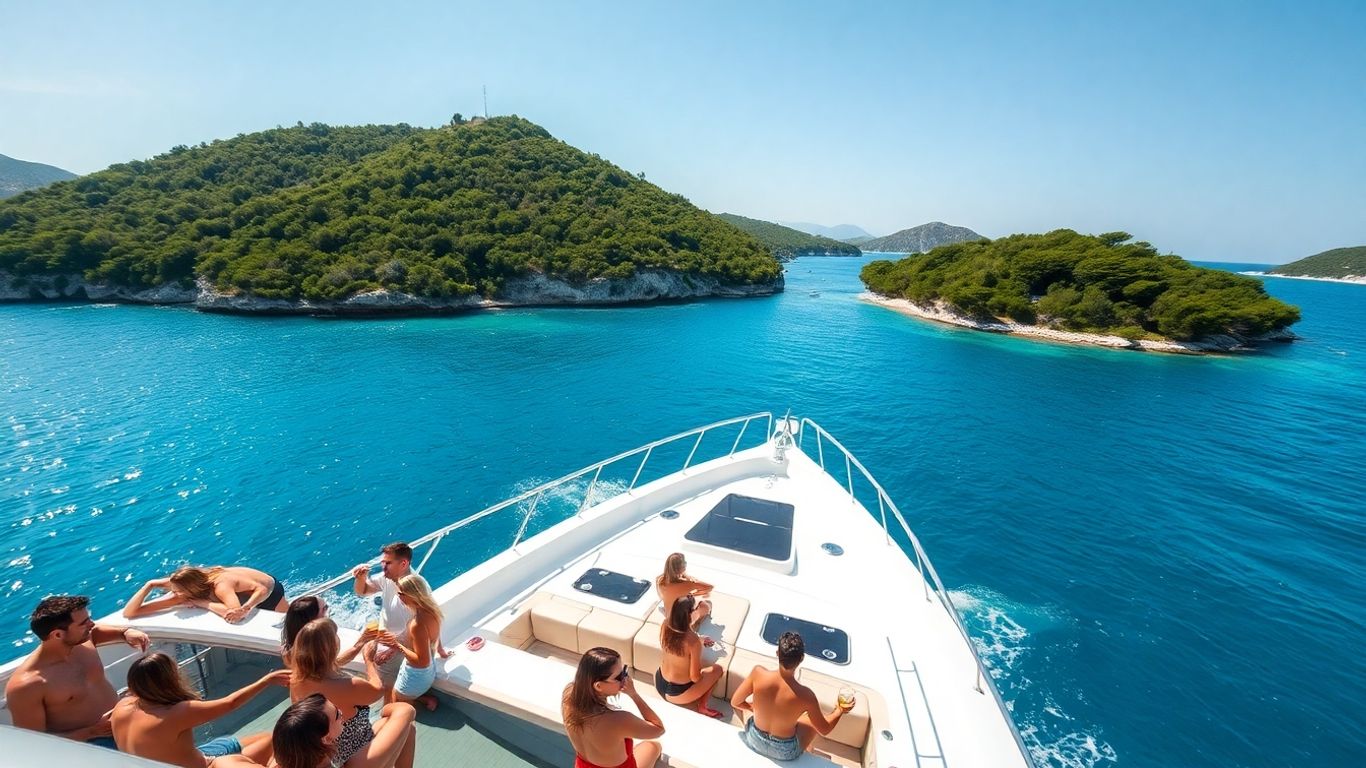 Yacht sailing Croatia coast with friends celebrating in summer