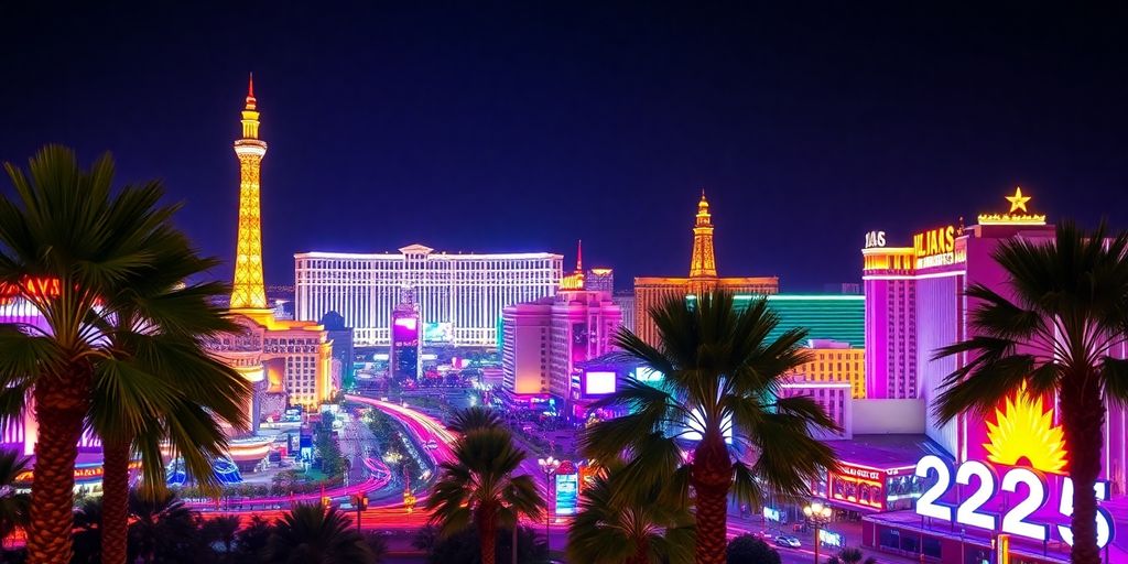 Colorful Las Vegas skyline with palm trees at night.