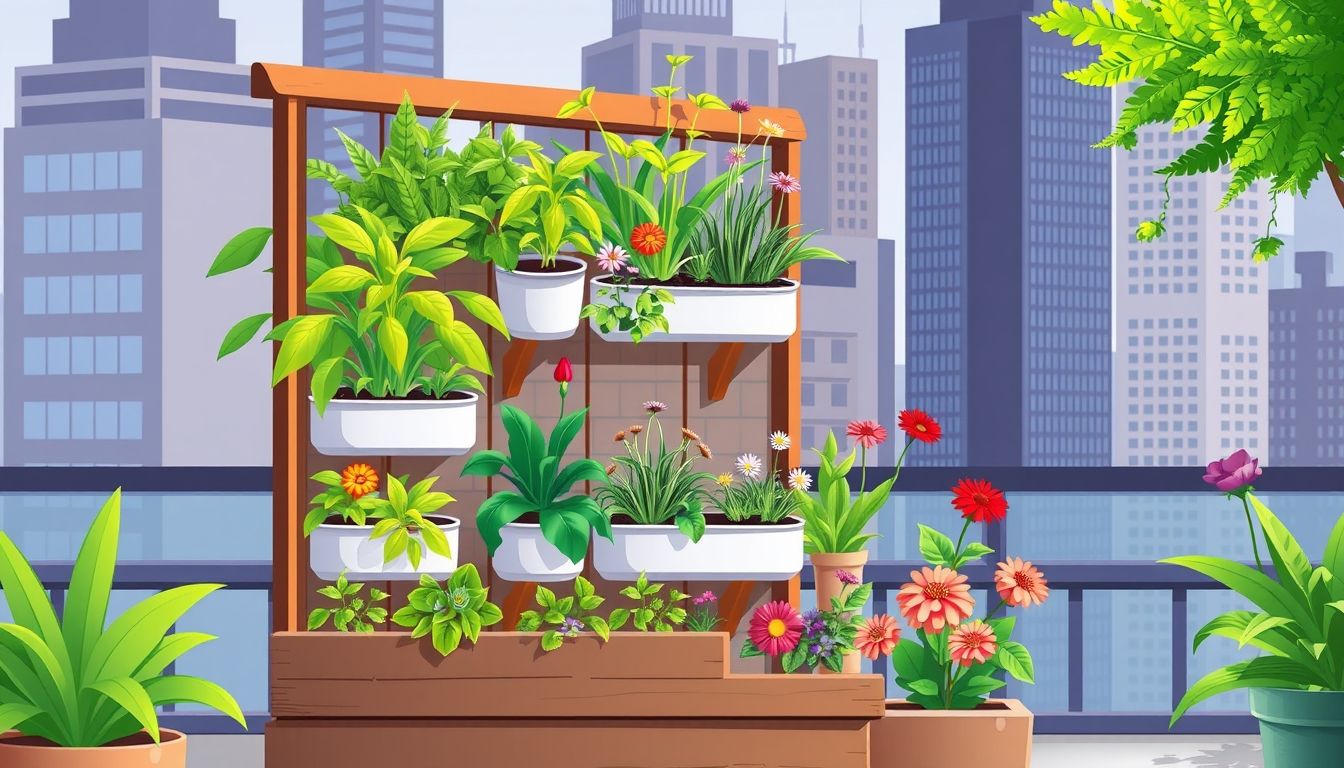Urban garden with vertical planters and colorful flowers.