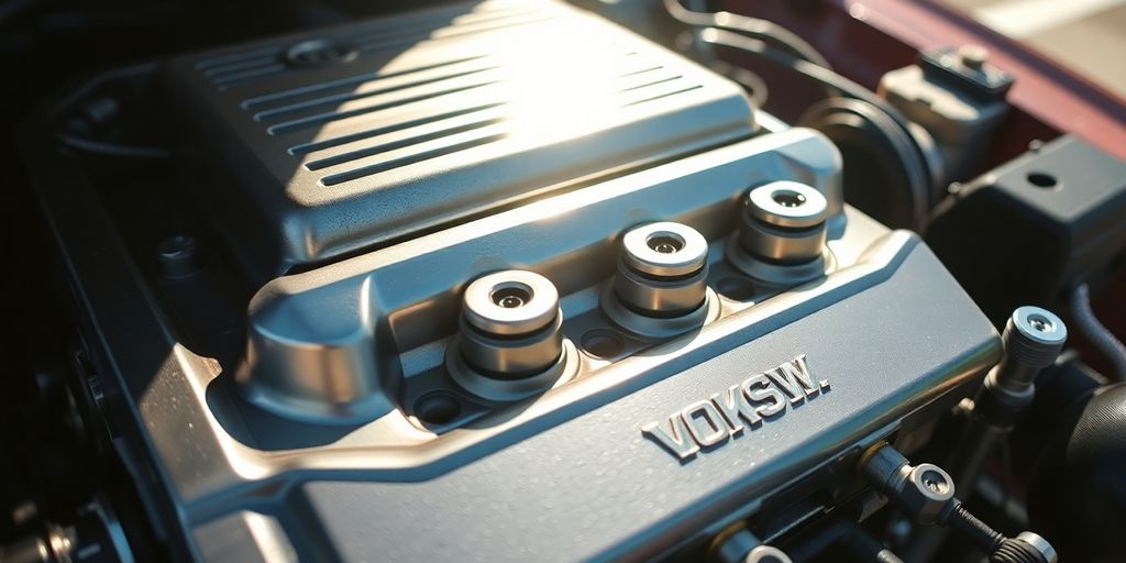 Shiny Volkswagen engine block on display.