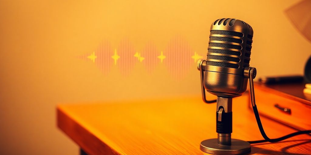 Podcast microphone with glowing abstract audio waves.