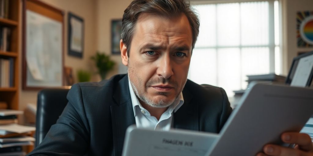 Worried business owner with financial documents in office.
