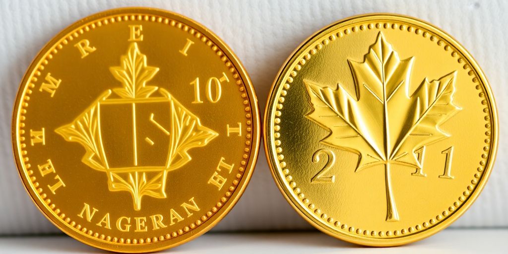 Pièces d'or Krugerrand et Maple Leaf côte à côte.