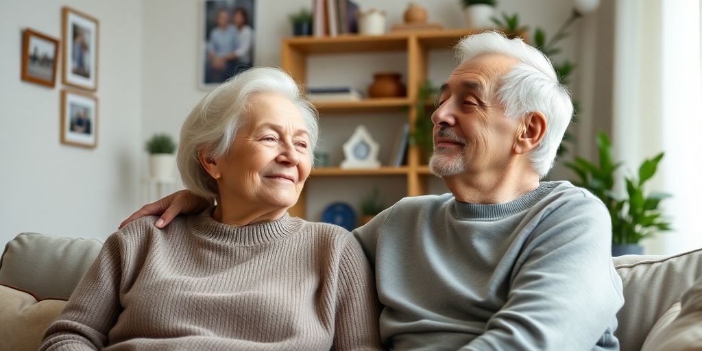 Elderly couple enjoying a peaceful moment in their home.