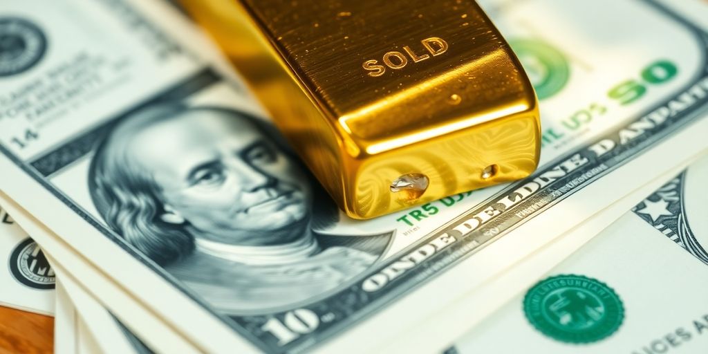 Lingots d'or sur des billets de dollars américains.