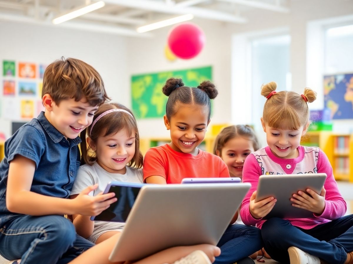 Copii folosind tehnologia învățând și inovând împreună.