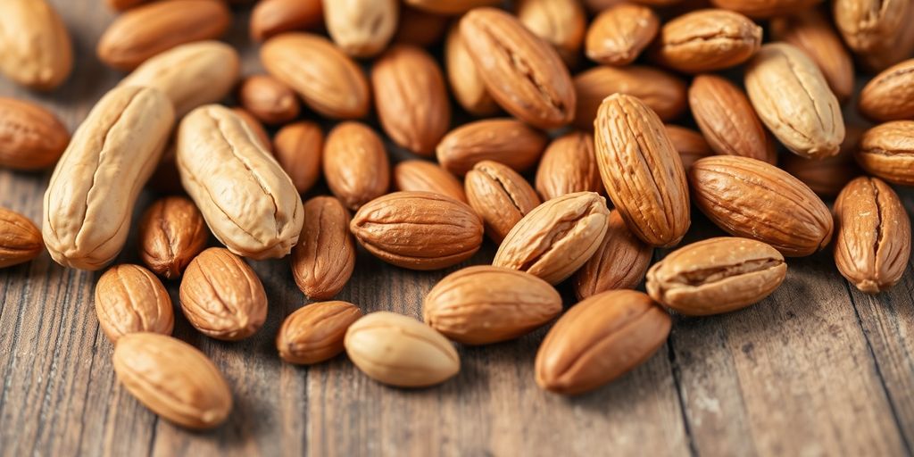 Alimentos para baixar diabetes: 10 Opções poderosas para melhorar sua saúde 2 Amendoim e amêndoas em uma superfície de madeira.