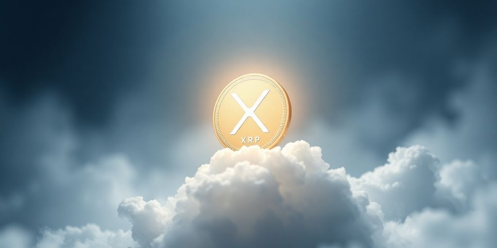 XRP coin soaring through digital clouds towards a bright future.