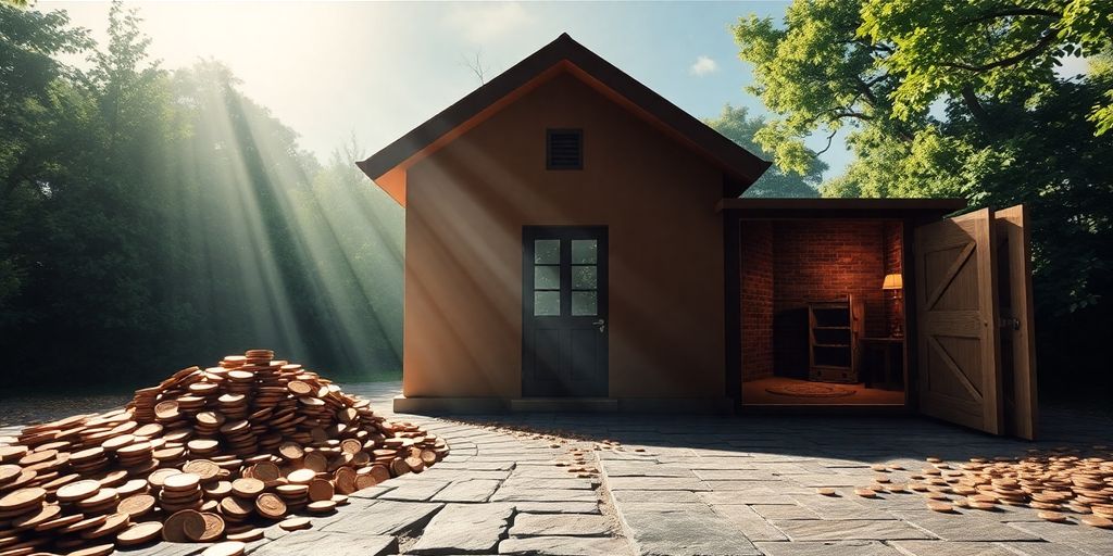 Home with a split path leading to a money bag.