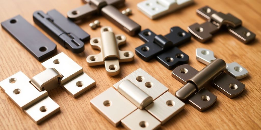 Various Aristokraft hinges displayed on a wooden surface.