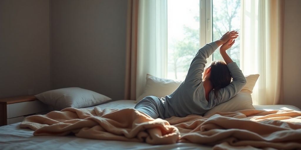 Person stretching in bed with sunlight streaming in.