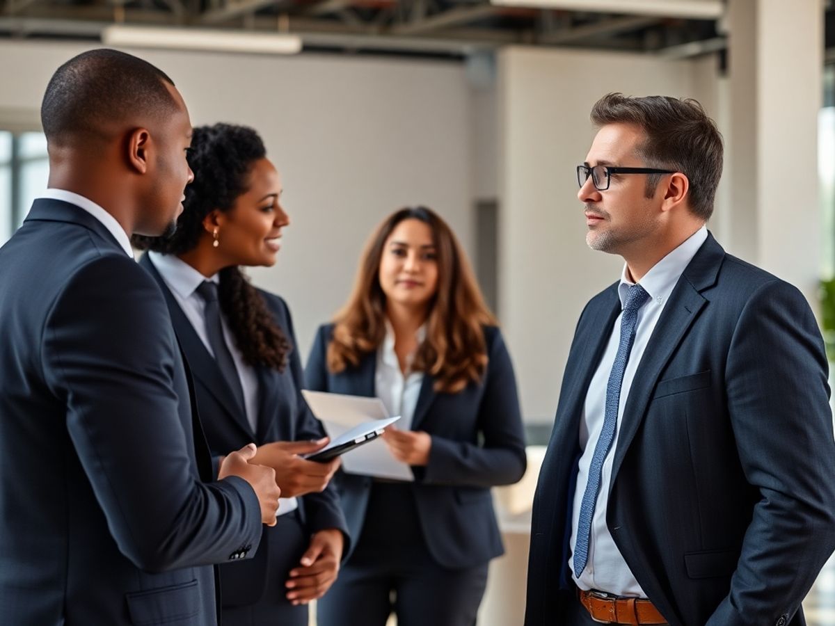 Avocați discutând despre etica profesională într-un birou modern.