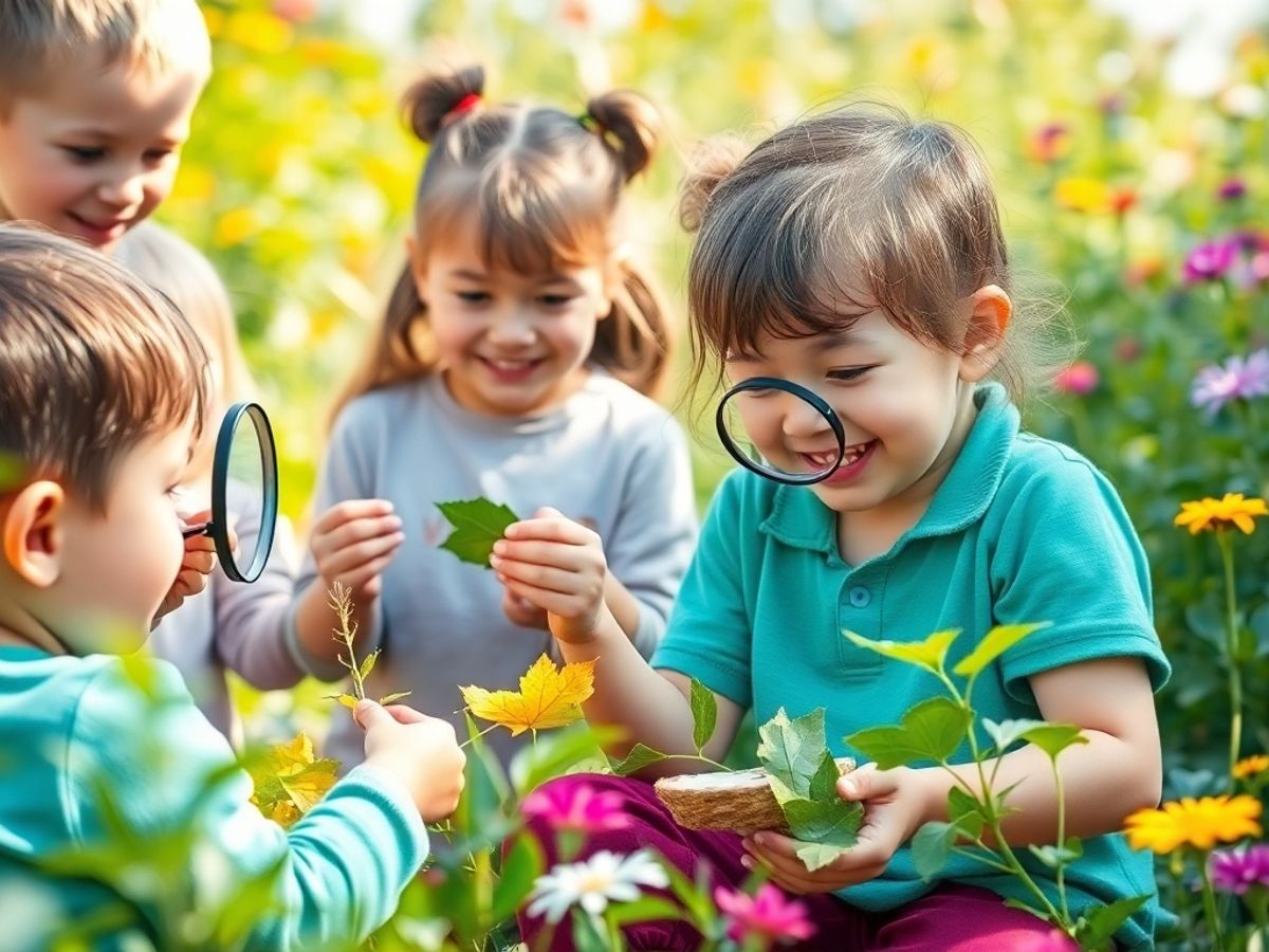 Copii explorând natura cu lupă și frunze.