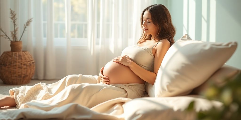Schwangere Frau in entspannter Umgebung, friedliche Stimmung.