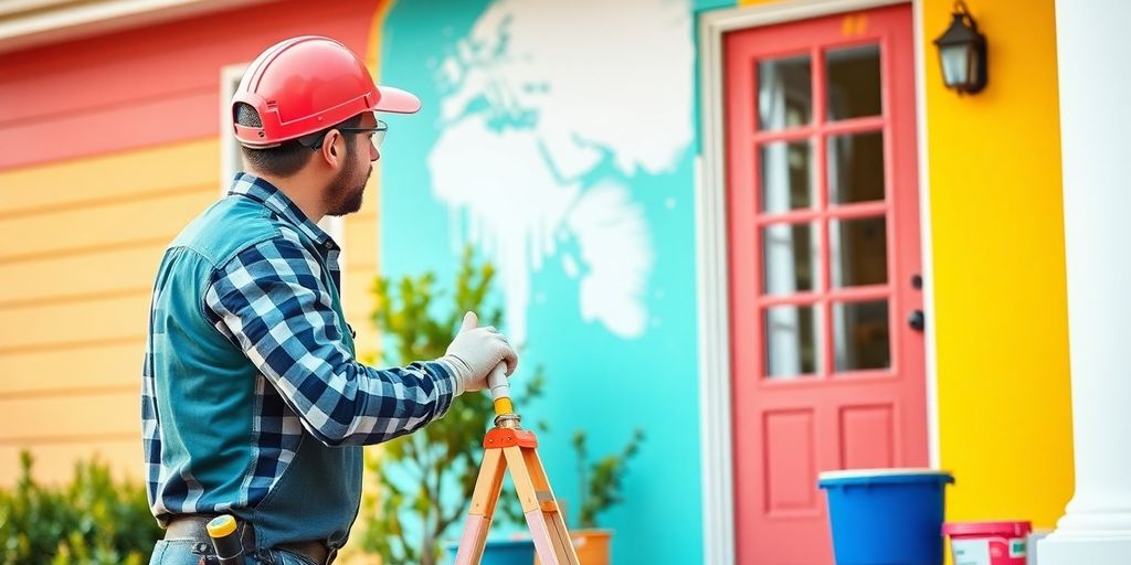 Painter working on a house exterior with bright colors.