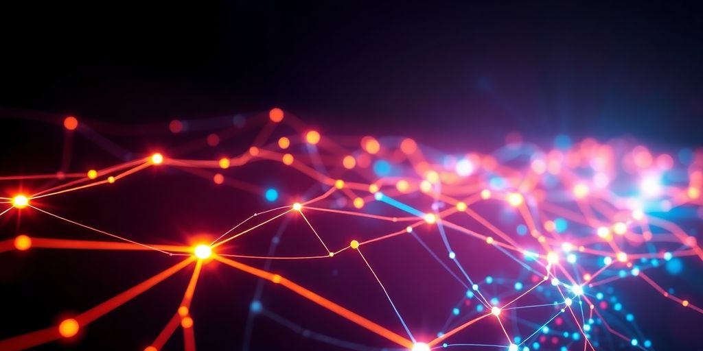 Digital landscape with glowing connections.