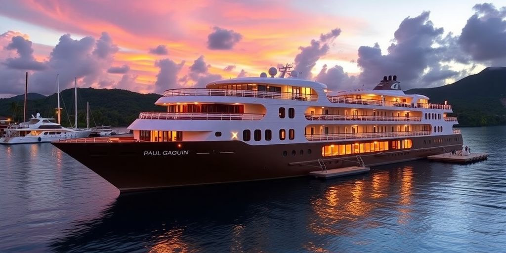 Navire de croisière de luxe dans un port tropical au coucher du soleil.