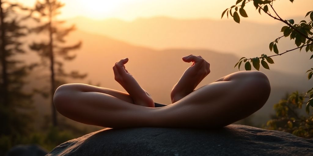 Person meditating peacefully outdoors at sunrise