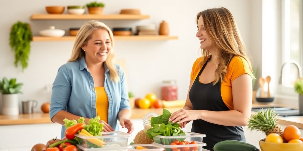 Mentor guiding healthy meal preparation in a kitchen.