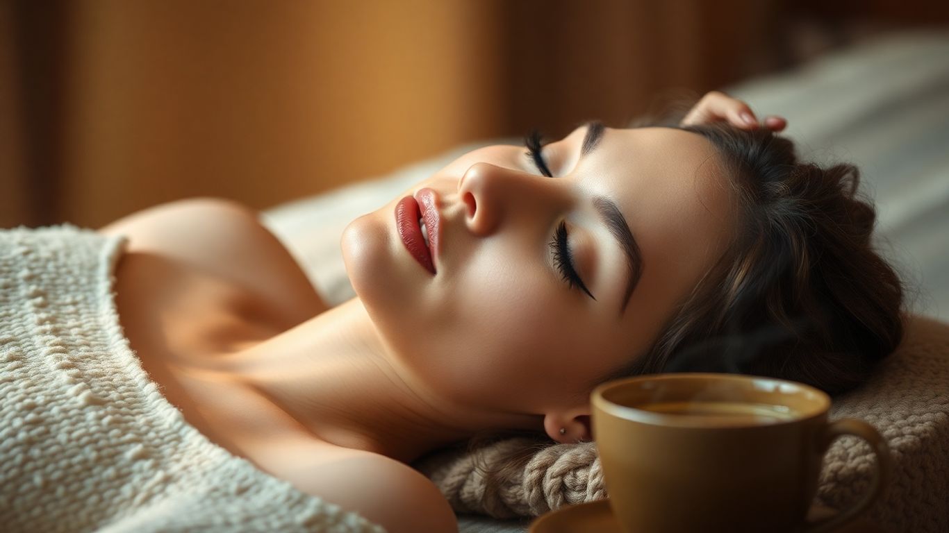 Woman relaxing peacefully with eyes closed.