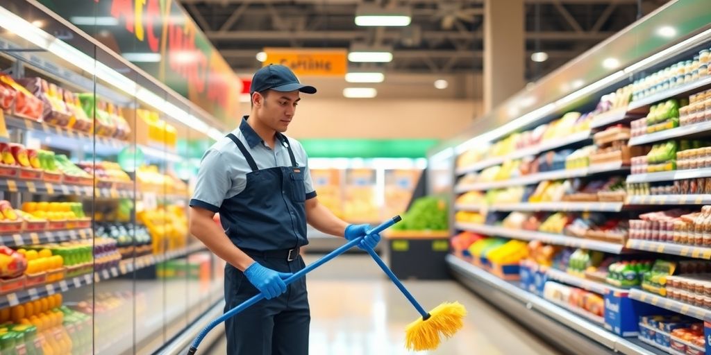 Grocery store cleaner scrubbing an aisle for hygiene.