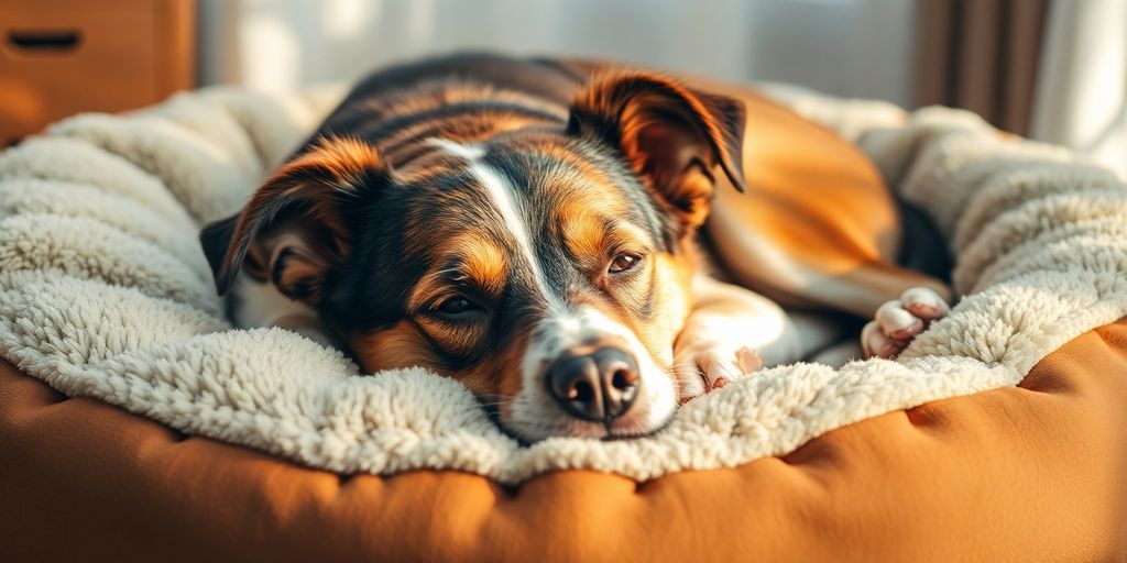 Comfortable dog sleeping on plush bed.