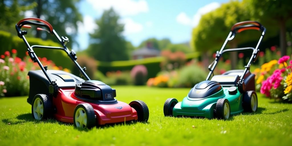 Elektrischer und Akku-Rasenmäher im Garten.