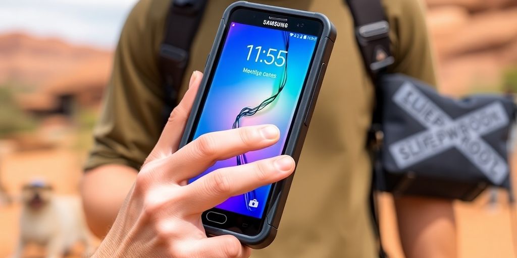 Samsung S25 phone in a Lifeproof case outdoors.