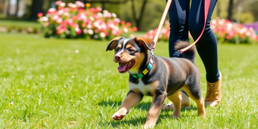 Puppy happily walking on a leash in a sunny park.