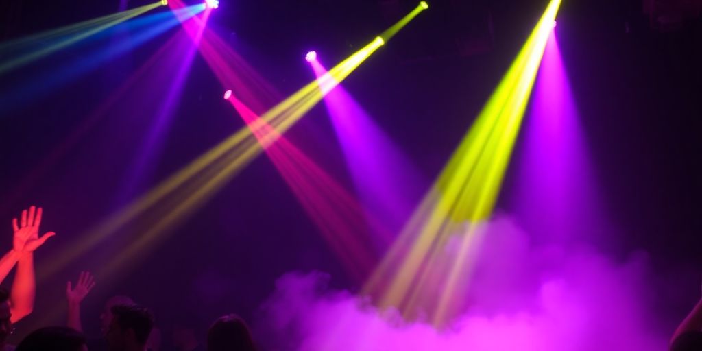 Iluminação e som coloridos em festa.