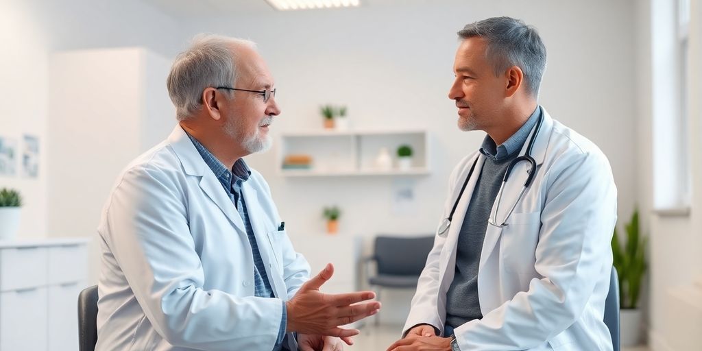 Magenkarzinom: Arzt und Patient im hellen Behandlungsraum.