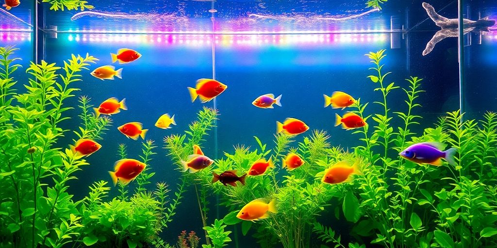 Makukulay na pag-iilaw ng aquarium na may mga isda at halaman.