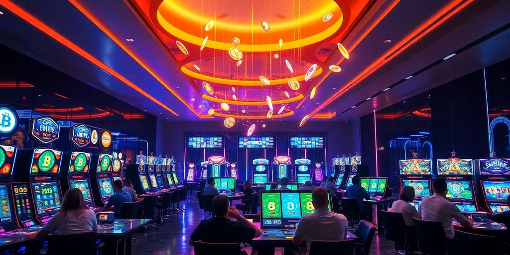 Digital coins, neon lights, diverse gamers.