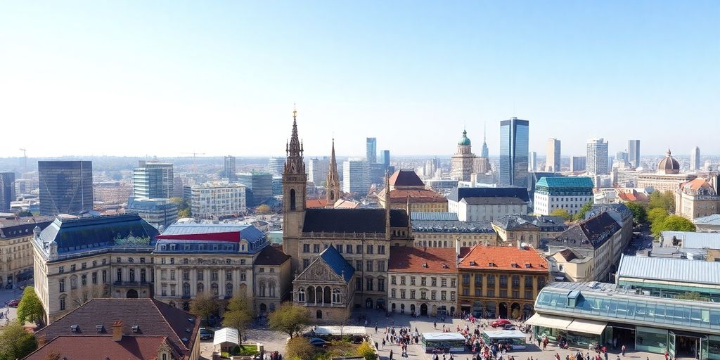 Germany cityscape with modern and historical buildings.