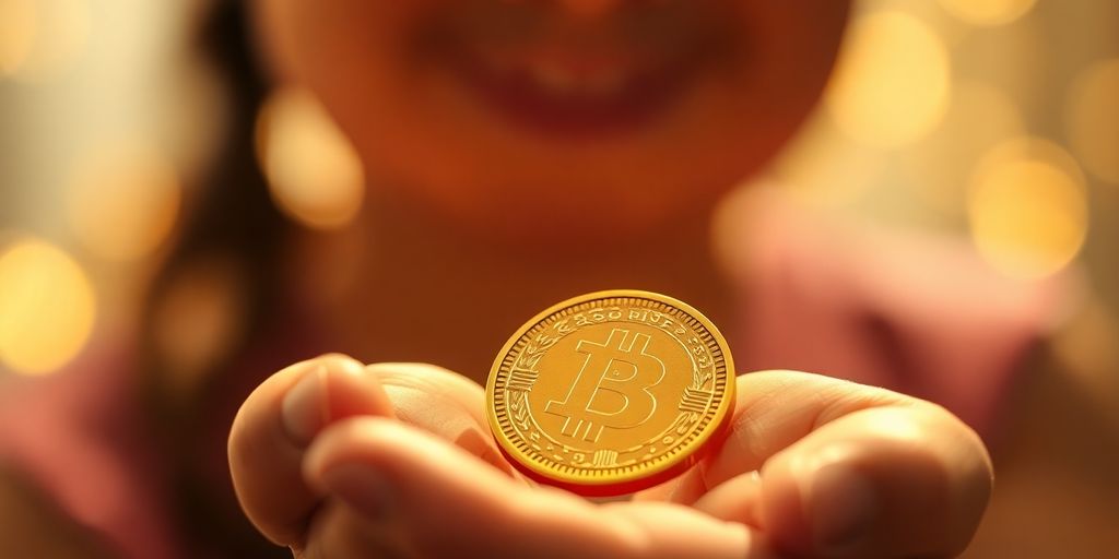 Monnaie d'or dans la main d'un enfant.
