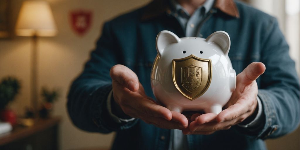 Person holding piggy bank with shield icon.