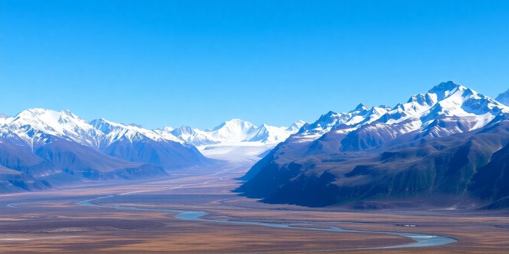 The vast, snow-covered Alaska Range with a river below.