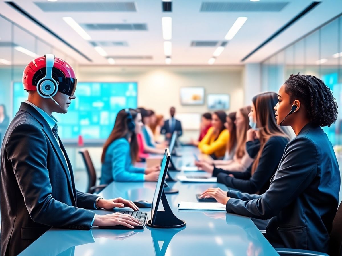 AI agents assisting customers in a modern office setting.