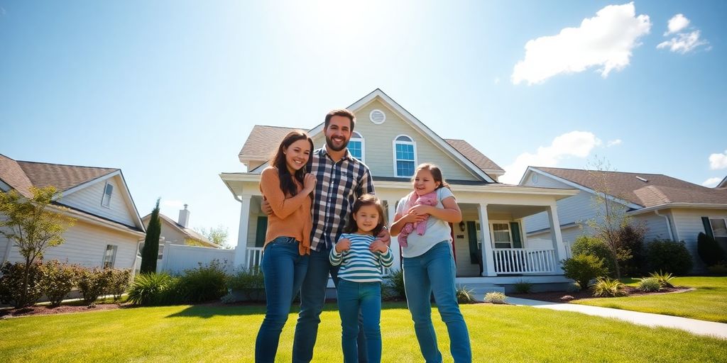 Family standing in front of new home.