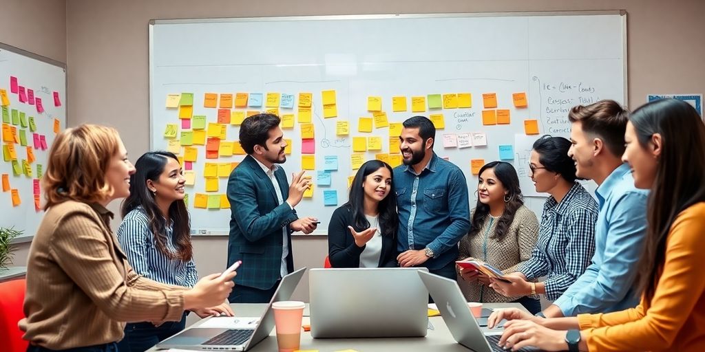 Team members collaborating in an agile workspace environment.